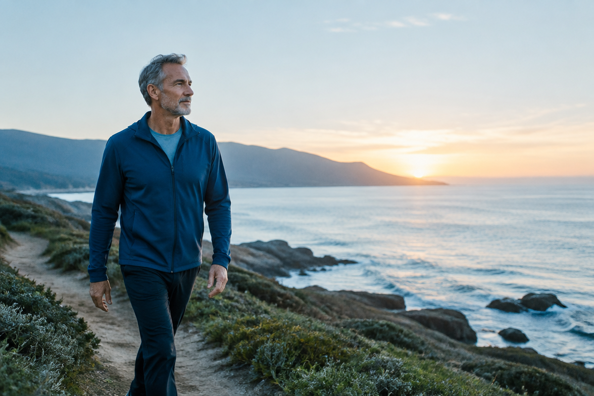 Man walking on a peaceful coastal path